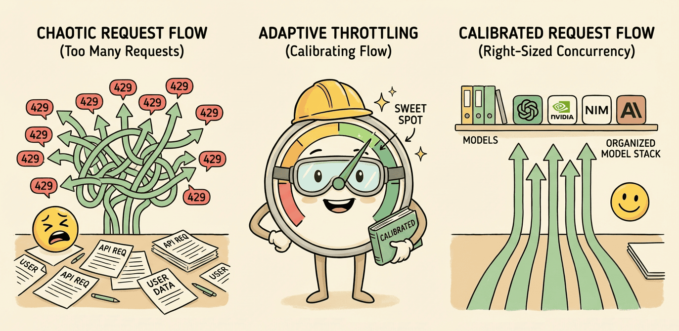 From chaotic request flow to calibrated concurrency via adaptive throttling